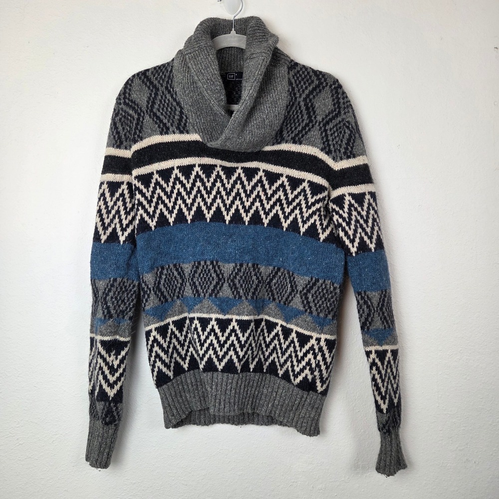 Gap Sweater Mens Small Gray Blue Fair Isle Cowl Neck Alpaca Wool Blend 54023‎